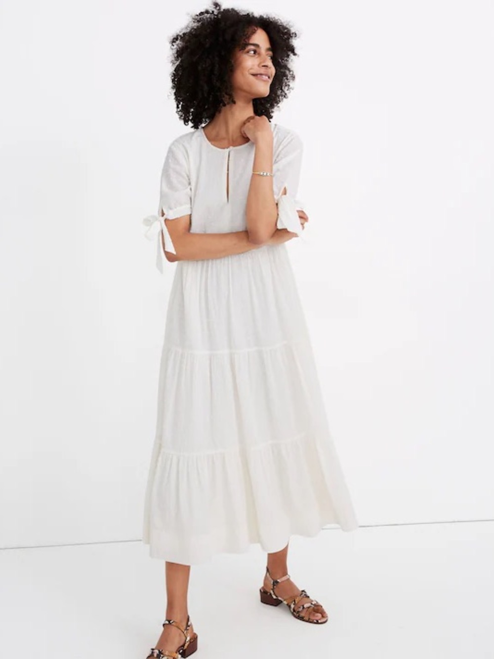 Madewell White Tiered Maxi Dress with Tie Sleeves in Swiss Dot